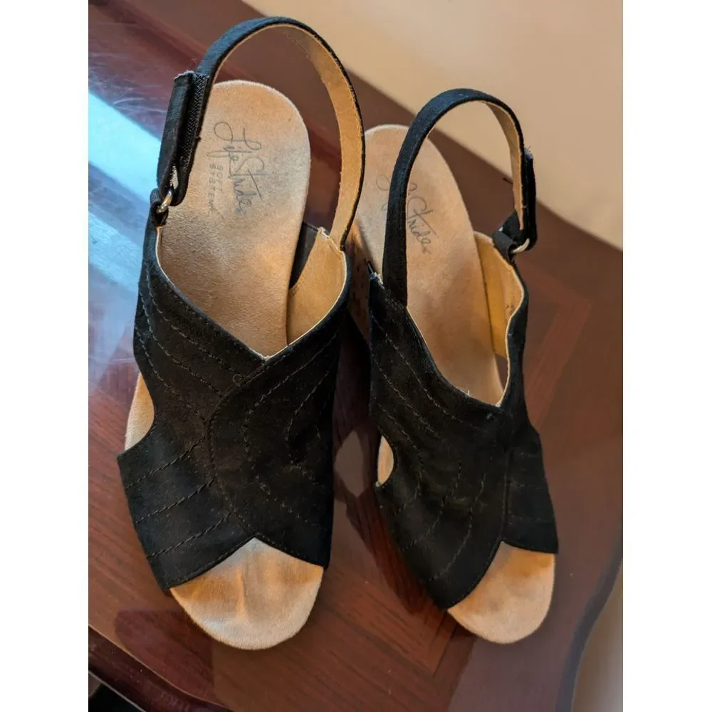 Life Stride Black Canvas Criss-Cross Slingback Wedge Sandals Cork Heel Summer‎